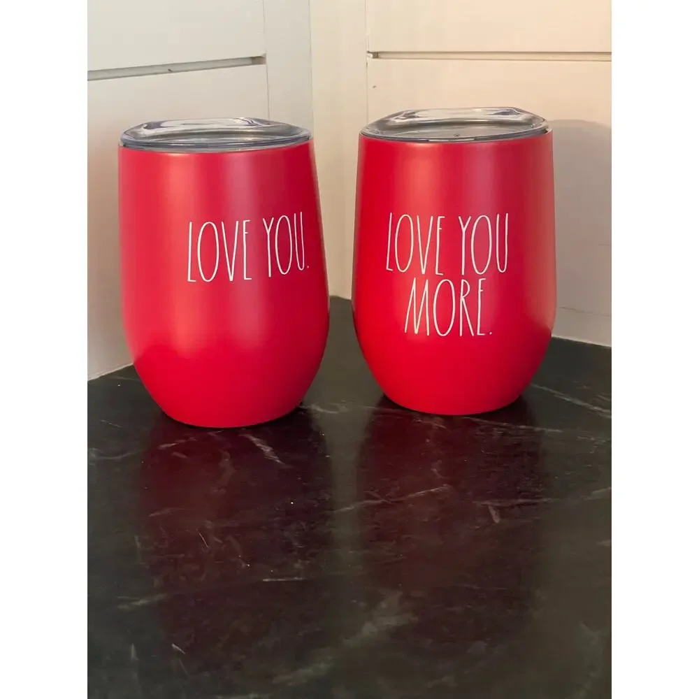 Rae Dunn set of 2 Stainless cherry Red Wine glasses 12oz love you.